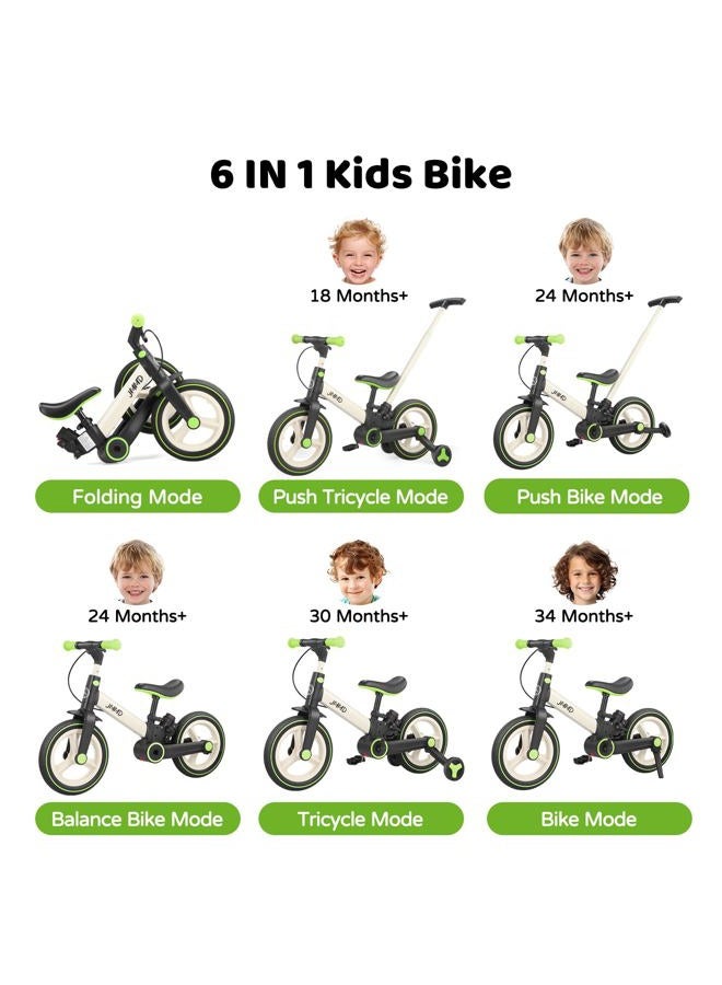 JMMD Balance Bike with Training Wheels and Pedals, Kids Push Bike with Adjustable Push Handle, Fun and Safe Toddler Tricycle for Boys and Girls with Brakes & Kickstand, Age18 Months-5 Years, Green - Image 2