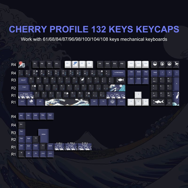 SDYZ XVX PBT Keycaps 132 Keys, Great Wave Off Kanagawa Japanese Keyboard Keycaps, 5 Side DYE-Sub Custom Keycap Set, Cherry Profile Keycap for Cherry Gateron MX Switches Mechanical Keyboard - Image 2