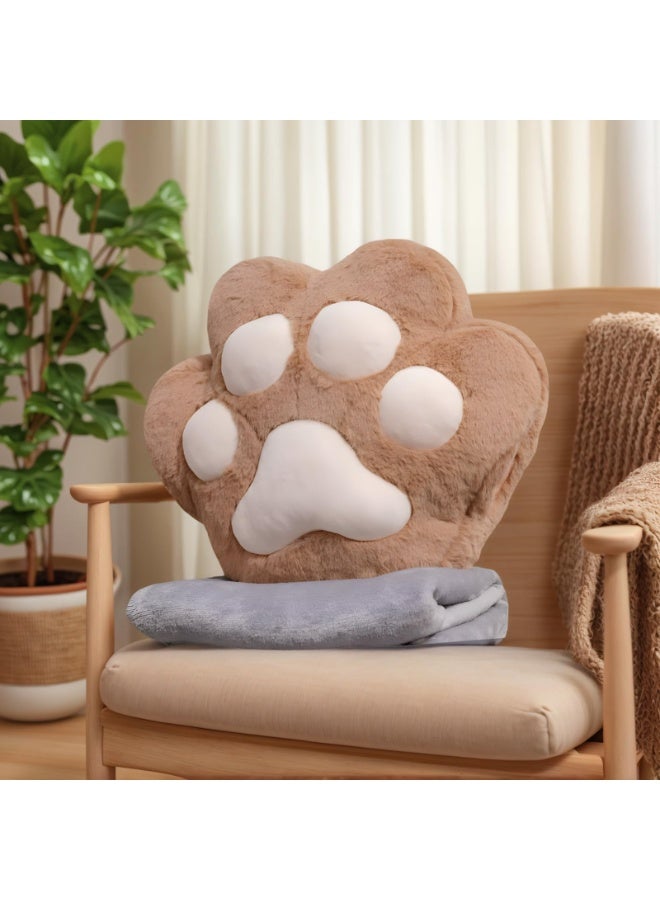 مجموعة وسادة وبطانية لطيفة على شكل مخلب قطة، بطانية قطيفة ووسادة على شكل مخلب قطة بتصميم دافئ لليد، مثالية للقيلولة والسفر والتخييم والمنزل والمكتب (بني) - Image 1