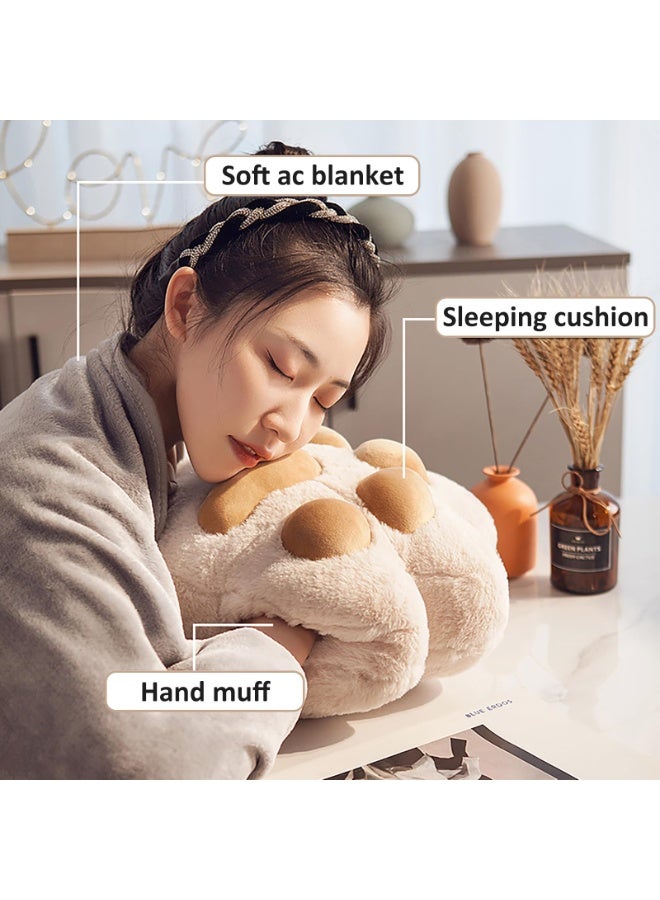 مجموعة وسادة وبطانية لطيفة على شكل مخلب قطة، بطانية قطيفة ووسادة على شكل مخلب قطة بتصميم دافئ لليد، مثالية للقيلولة والسفر والتخييم والمنزل والمكتب (بني) - Image 2