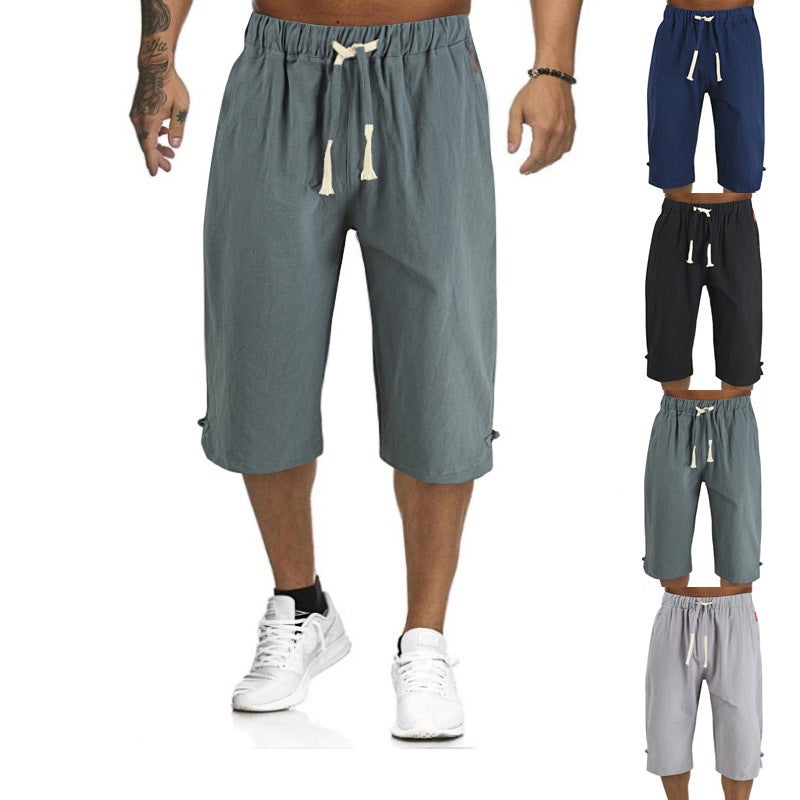 Summer Cotton-Linen Mens Casual Capris with Drawstring Navy blue  - Image 4