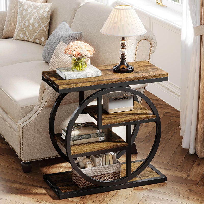Tribesigns End Table for Living Room, 4-Tier Narrow Side Table with Storage Shelves, Industrial Bedside Table for Bedroom, Wood Small Sofa Side Table with Geometric Metal Frame (1 PC, Rustic Brown) - Image 3