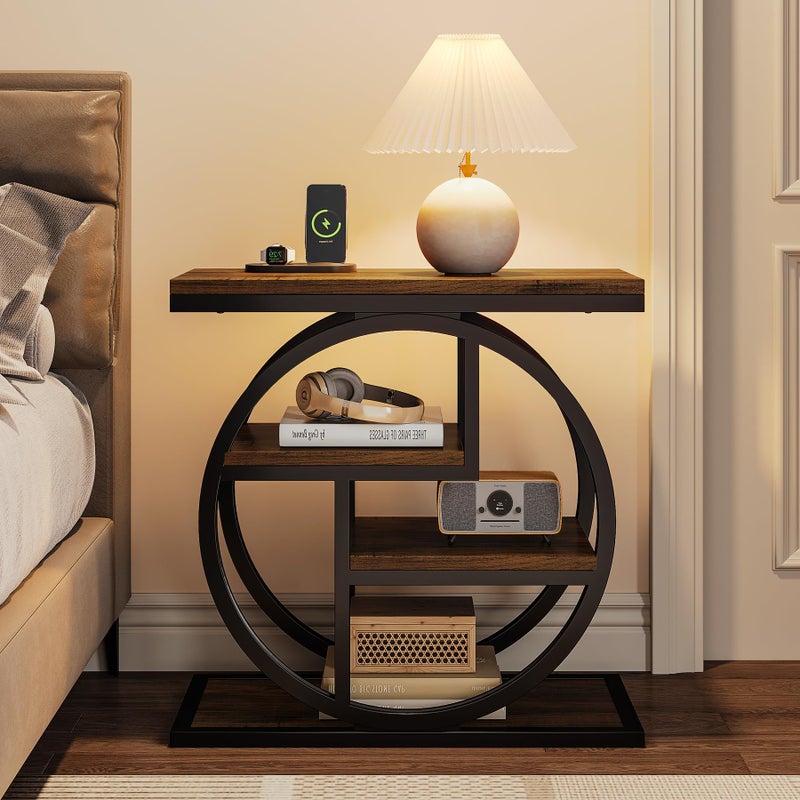 Tribesigns End Table for Living Room, 4-Tier Narrow Side Table with Storage Shelves, Industrial Bedside Table for Bedroom, Wood Small Sofa Side Table with Geometric Metal Frame (1 PC, Rustic Brown) - Image 4