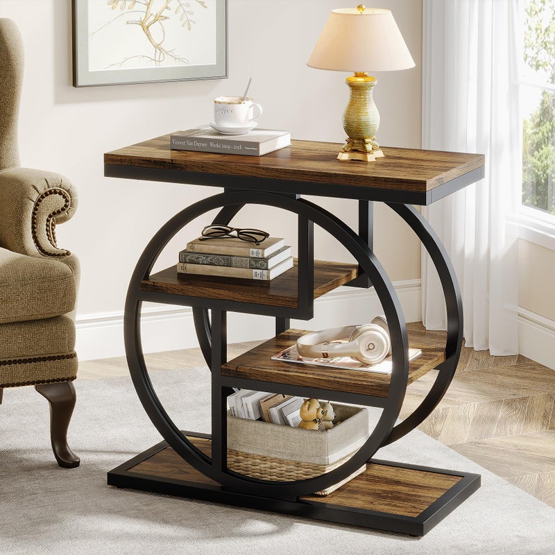 Tribesigns End Table for Living Room, 4-Tier Narrow Side Table with Storage Shelves, Industrial Bedside Table for Bedroom, Wood Small Sofa Side Table with Geometric Metal Frame (1 PC, Rustic Brown) - Image 1