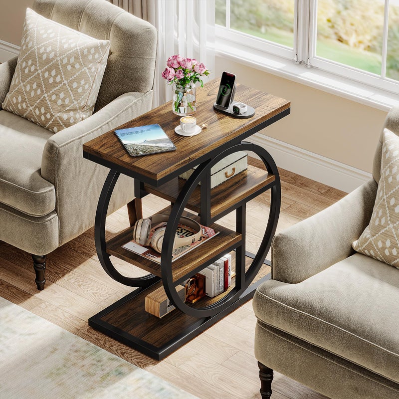 Tribesigns End Table for Living Room, 4-Tier Narrow Side Table with Storage Shelves, Industrial Bedside Table for Bedroom, Wood Small Sofa Side Table with Geometric Metal Frame (1 PC, Rustic Brown) - Image 5