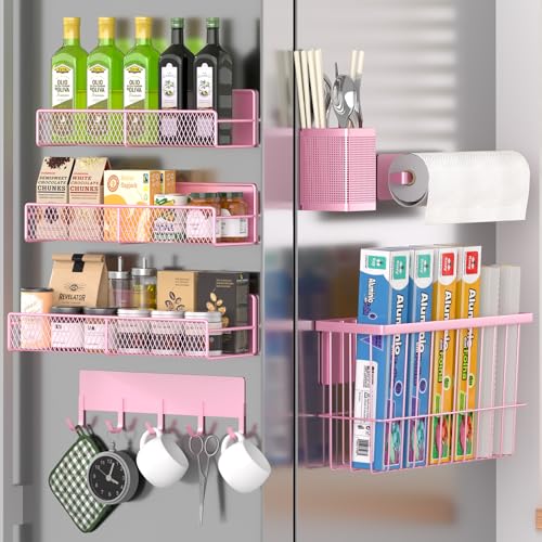 DTUQYX Magnetic Spice Rack for Refrigerator, 7 Pack Metal Magnetic Shelf, Moveable Magnetic Storage Fridge Organizer Pink, Spice Organizer, Hook Rack, Paper Towel Holder, Cutting Board Holder, HM5470 - Image 1