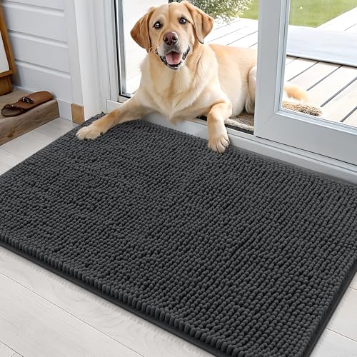 OLANLY Dog Door Mat for Muddy Paws 36x24, Absorbs Moisture and Dirt, Absorbent Non-Slip Washable Doormat, Quick Dry Chenille Mud Mat for Dogs, Entry Indoor Entryway Carpet for Inside Floor, Dark Grey - Image 1