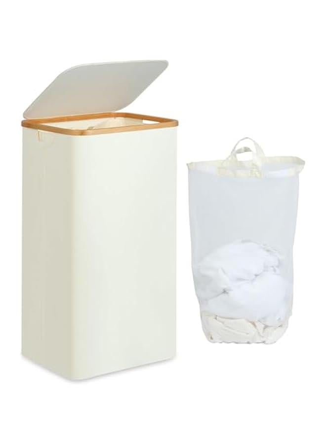 هوكور سلة غسيل مزدوجة سعة 110 لتر بغطاء من بلورفوكس، سلة غسيل كبيرة بمقابض بلاستيكية واكياس غسيل قابلة للازالة، سلال ملابس قابلة للطي لغرفة النوم والحمام والسكن (بيج) - Image 1