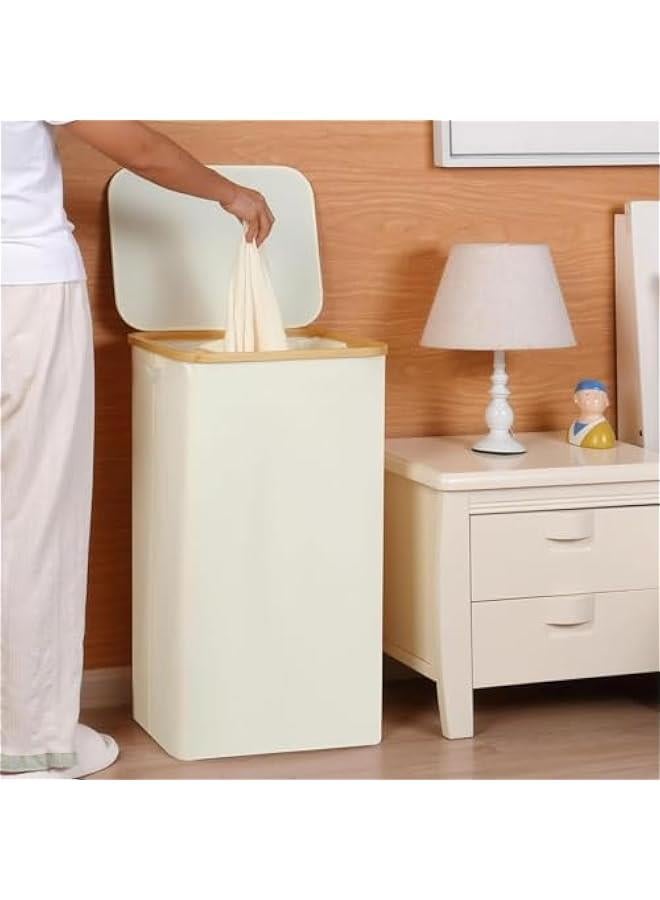 هوكور سلة غسيل مزدوجة سعة 110 لتر بغطاء من بلورفوكس، سلة غسيل كبيرة بمقابض بلاستيكية واكياس غسيل قابلة للازالة، سلال ملابس قابلة للطي لغرفة النوم والحمام والسكن (بيج) - Image 2