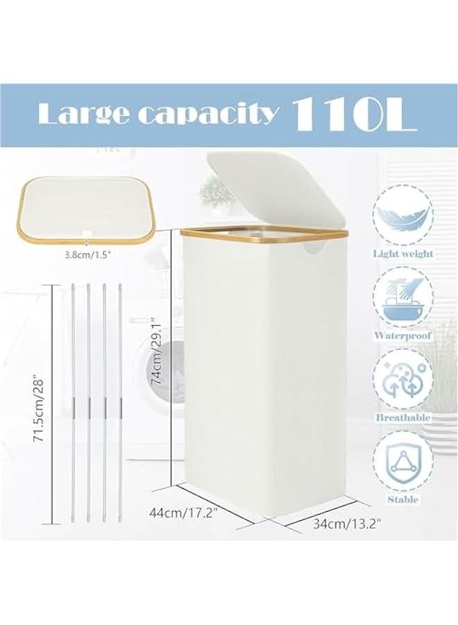 هوكور سلة غسيل مزدوجة سعة 110 لتر بغطاء من بلورفوكس، سلة غسيل كبيرة بمقابض بلاستيكية واكياس غسيل قابلة للازالة، سلال ملابس قابلة للطي لغرفة النوم والحمام والسكن (بيج) - Image 3