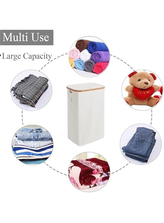 هوكور سلة غسيل مزدوجة سعة 110 لتر بغطاء من بلورفوكس، سلة غسيل كبيرة بمقابض بلاستيكية واكياس غسيل قابلة للازالة، سلال ملابس قابلة للطي لغرفة النوم والحمام والسكن (بيج) - Image 5