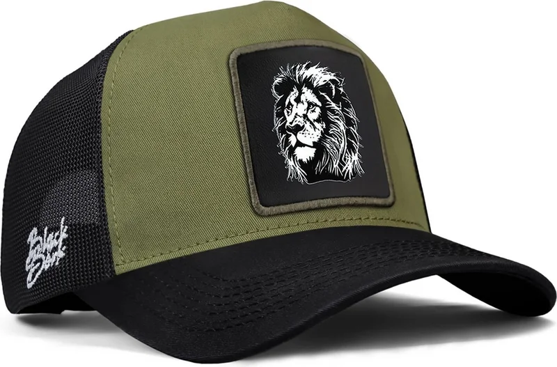 Black Börk Blackbörk V1 Trucker Lion - Unisex Black-Brighted Black-Khaki Hat (Cap) with 7 Code Logo