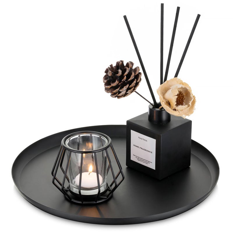 Romadedi Black Round Decorative Tray: Metal Candle Trays Decor for Coffee Table Centerpiece Large Modern Serving Tray for Kitchen Counter Farmhouse Home Decorations, 12.6 Inch - Image 1