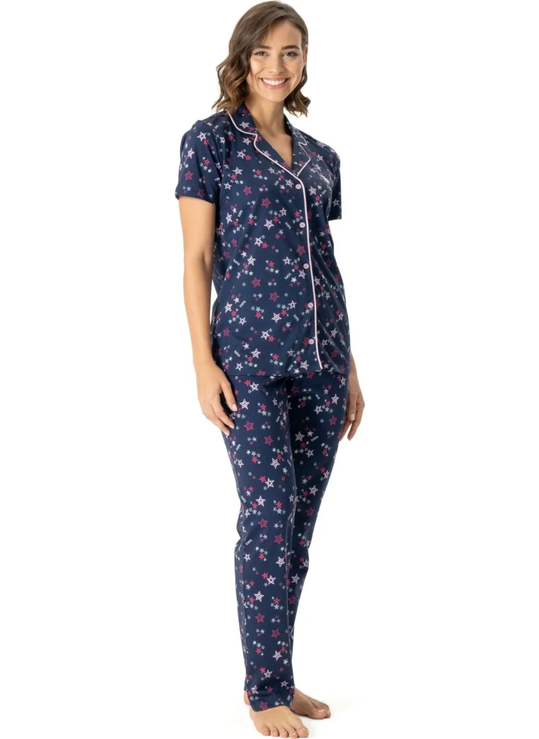 يو اس بولو اسن 17014 Women's Navy Blue Short Sleeve Plaid Pajama Set