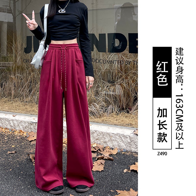 fleece-lined Thickened Sports Pants Womens Autumn and Winter 2024 New Lazy Style Design Small Style High Waist High Waist Red tall  - Image 1