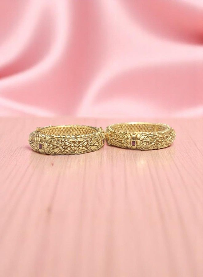 ACCESSHER Traditional Gold Plated Studded Stone Textured Handcrafted Bangles | Latest Stylish Traditional Kada Bangles for Women and Girls (Set of 2) (Design 1, 2.6) - Image 4