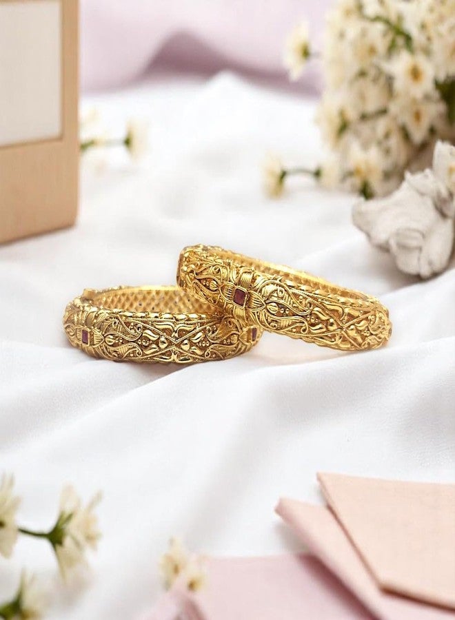 ACCESSHER Traditional Gold Plated Studded Stone Textured Handcrafted Bangles | Latest Stylish Traditional Kada Bangles for Women and Girls (Set of 2) (Design 1, 2.6) - Image 3