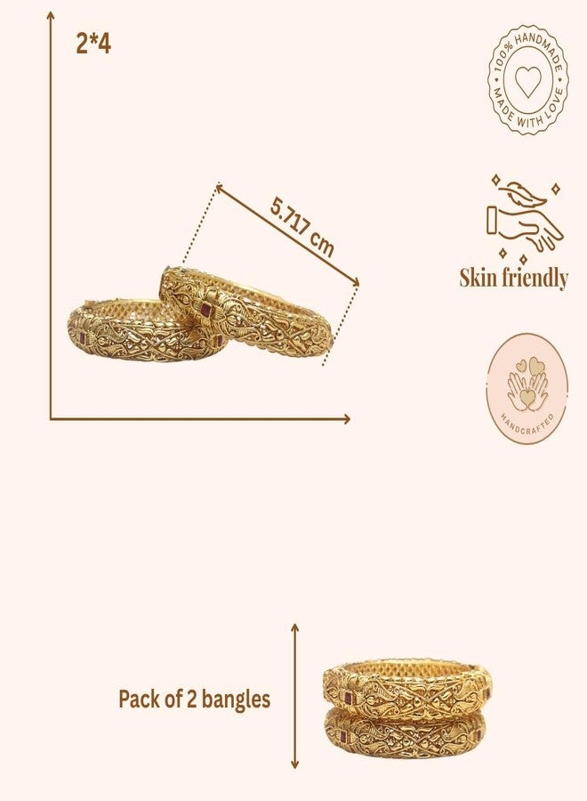 ACCESSHER Traditional Gold Plated Studded Stone Textured Handcrafted Bangles | Latest Stylish Traditional Kada Bangles for Women and Girls (Set of 2) (Design 1, 2.6) - Image 5