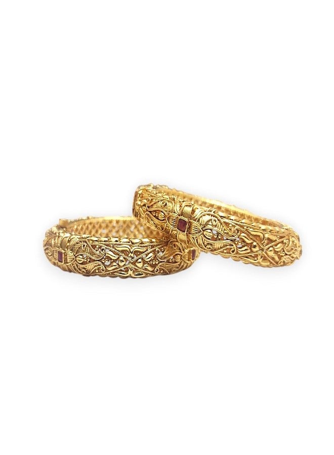 ACCESSHER Traditional Gold Plated Studded Stone Textured Handcrafted Bangles | Latest Stylish Traditional Kada Bangles for Women and Girls (Set of 2) (Design 1, 2.6) - Image 1