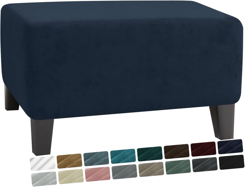 MAXIJIN Velvet Ottoman Cover Rectangular Stretch Square Ottoman Covers Slipcover Rectangle Washable Foot Stool Cover Thick Storage Protector with Elastic Bottom (Ottoman XX-Samll, Navy Blue) - Image 1