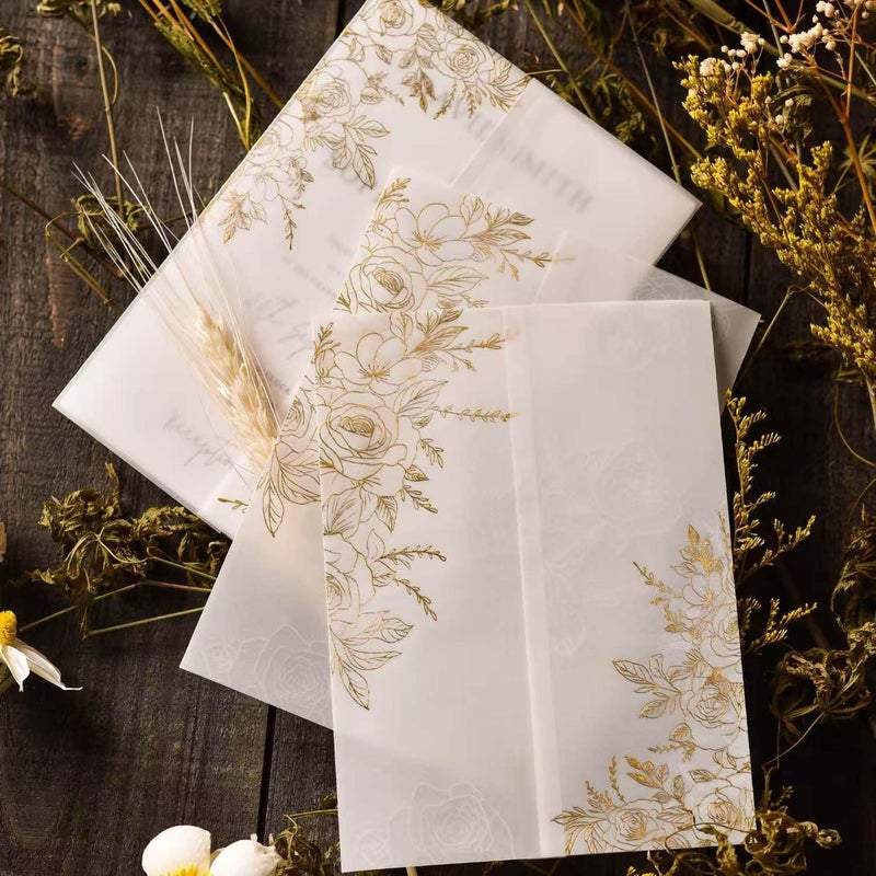 Puremigo 50 Pack Pre-Folded Vellum Jackets for 5x7 Invitations - Gold Foil Pattern - 115GSM Vellum Paper 5x7 Jackets - Vellum Wedding Invitations Wraps - Transparent Wedding Invitations Jacket - Image 3