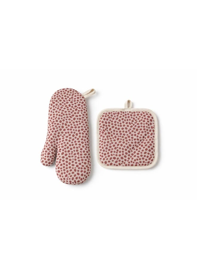Heat Resistant Oven Mitt And Pot Holder Set 2 Pieces Cotton And Polyester Insulated Kitchen Oven Gloves With Quilted Padding 25 x 15 cm Mitt 17 x 17 cm Pot Holder (Red Dots) - Image 1