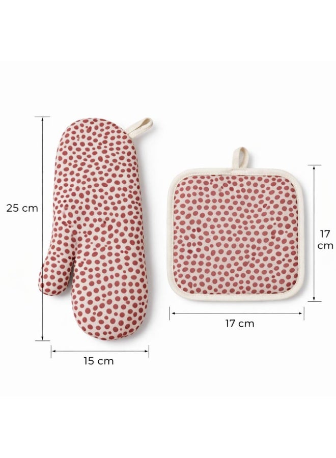 Heat Resistant Oven Mitt And Pot Holder Set 2 Pieces Cotton And Polyester Insulated Kitchen Oven Gloves With Quilted Padding 25 x 15 cm Mitt 17 x 17 cm Pot Holder (Red Dots) - Image 4