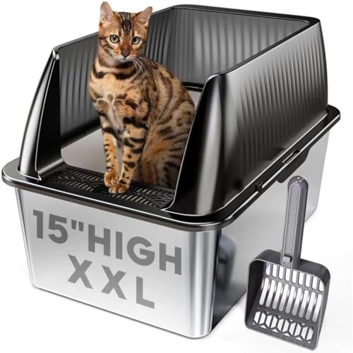 Tripamin 15” XL Stainless Steel Cat Litter Box Enclosure, XXL Stainless Steel High Sides with Lid, Extra Large Metal Cat Litter Box (Translucent Black, XX-Large) - Image 1