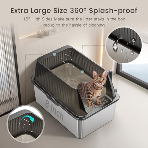 Tripamin 15” XL Stainless Steel Cat Litter Box Enclosure, XXL Stainless Steel High Sides with Lid, Extra Large Metal Cat Litter Box (Translucent Black, XX-Large) - Image 3