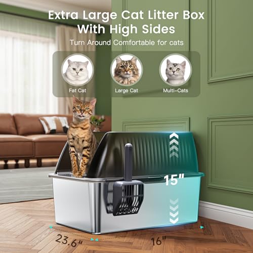 Tripamin 15” XL Stainless Steel Cat Litter Box Enclosure, XXL Stainless Steel High Sides with Lid, Extra Large Metal Cat Litter Box (Translucent Black, XX-Large) - Image 2