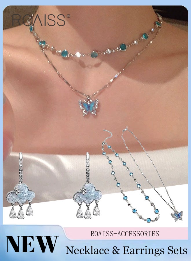 roaiss 4 Pcs Blue Jewelry Set, Double-layer Blue Crystal Butterfly Necklace, Blue Rhinestone Cloud Tassel Earrings Suitable for Parties and Daily Wear, Women's Fashion Accessories - Image 1