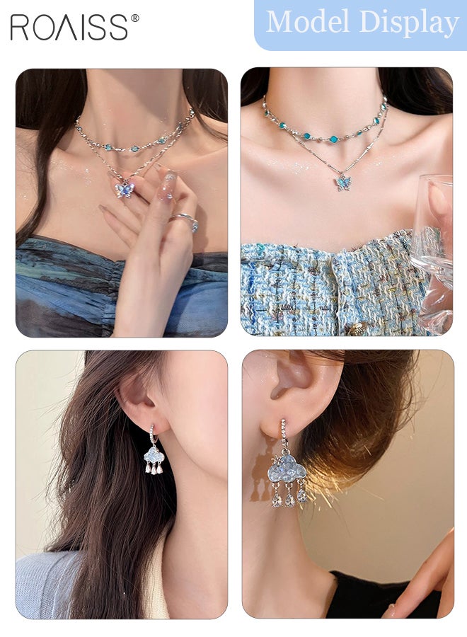 roaiss 4 Pcs Blue Jewelry Set, Double-layer Blue Crystal Butterfly Necklace, Blue Rhinestone Cloud Tassel Earrings Suitable for Parties and Daily Wear, Women's Fashion Accessories - Image 2