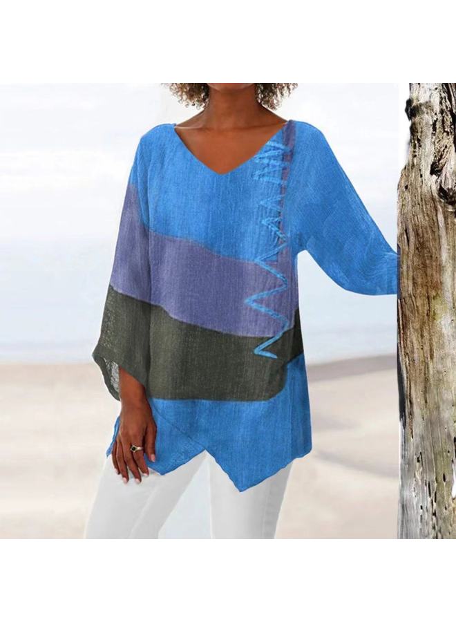 New Women's European And American Retro Distressed Marble V-neck Nine-point Sleeve Loose T-shirt