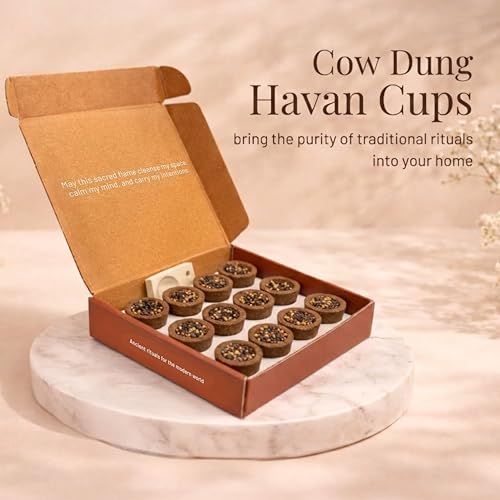 Nytarra Havan Cups - 12 pcs | Cow Dung Base | Premium Hawan Cups Made with Herbs, Jatamansi, Ashwagandha, Guggal, Loban | Best for Pooja, Havan & Daily Rituals | Holder Included - Image 2