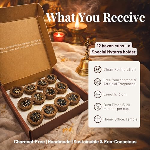 Nytarra Havan Cups - 12 pcs | Cow Dung Base | Premium Hawan Cups Made with Herbs, Jatamansi, Ashwagandha, Guggal, Loban | Best for Pooja, Havan & Daily Rituals | Holder Included - Image 3