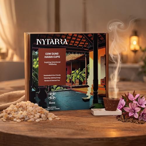 Nytarra Havan Cups - 12 pcs | Cow Dung Base | Premium Hawan Cups Made with Herbs, Jatamansi, Ashwagandha, Guggal, Loban | Best for Pooja, Havan & Daily Rituals | Holder Included - Image 1