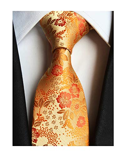 Elfeves Mens Silk Orange Gloden Yellow Tie Floral Business Novelty Paisley Party Necktie - Image 1