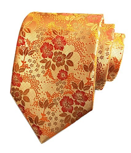 Elfeves Mens Silk Orange Gloden Yellow Tie Floral Business Novelty Paisley Party Necktie - Image 2