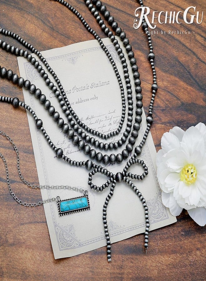 RechicGu 4pcs Western Navajo Pearl Stackble Necklace Jewelry For Women Beaded Chain Bow Pendant Boho Handmade Long Layered Country Concert Necklace Set, Plastic, No Gemstone - Image 4