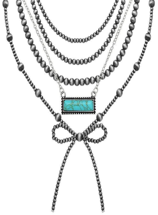 RechicGu 4pcs Western Navajo Pearl Stackble Necklace Jewelry For Women Beaded Chain Bow Pendant Boho Handmade Long Layered Country Concert Necklace Set, Plastic, No Gemstone - Image 1