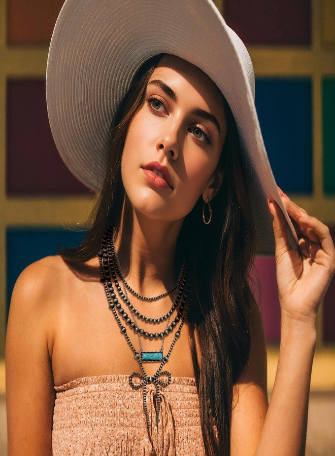 RechicGu 4pcs Western Navajo Pearl Stackble Necklace Jewelry For Women Beaded Chain Bow Pendant Boho Handmade Long Layered Country Concert Necklace Set, Plastic, No Gemstone - Image 5