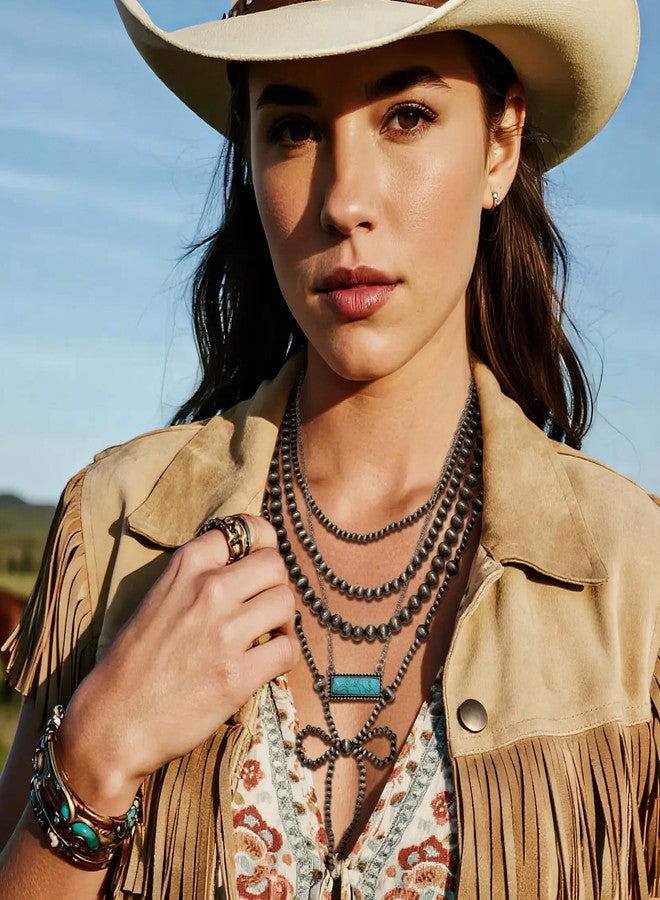 RechicGu 4pcs Western Navajo Pearl Stackble Necklace Jewelry For Women Beaded Chain Bow Pendant Boho Handmade Long Layered Country Concert Necklace Set, Plastic, No Gemstone - Image 2