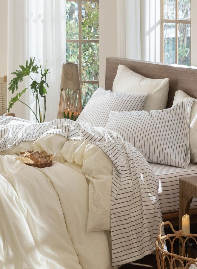 MooMee Striped Sheet Set 100% Washed Cotton Linen Like Textured Breathable Durable Soft Comfy (White Dark Grey Wide Stripes, Full) - Image 1