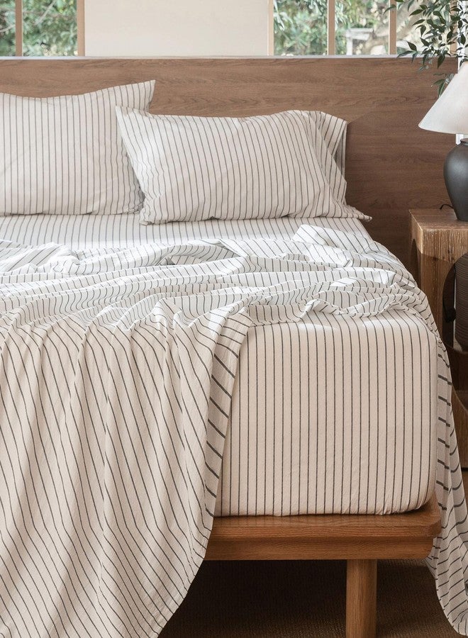 MooMee Striped Sheet Set 100% Washed Cotton Linen Like Textured Breathable Durable Soft Comfy (White Dark Grey Wide Stripes, Full) - Image 5