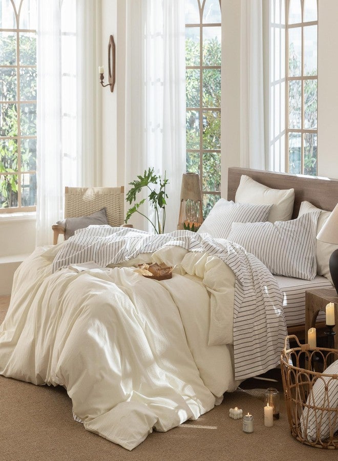 MooMee Striped Sheet Set 100% Washed Cotton Linen Like Textured Breathable Durable Soft Comfy (White Dark Grey Wide Stripes, Full) - Image 3