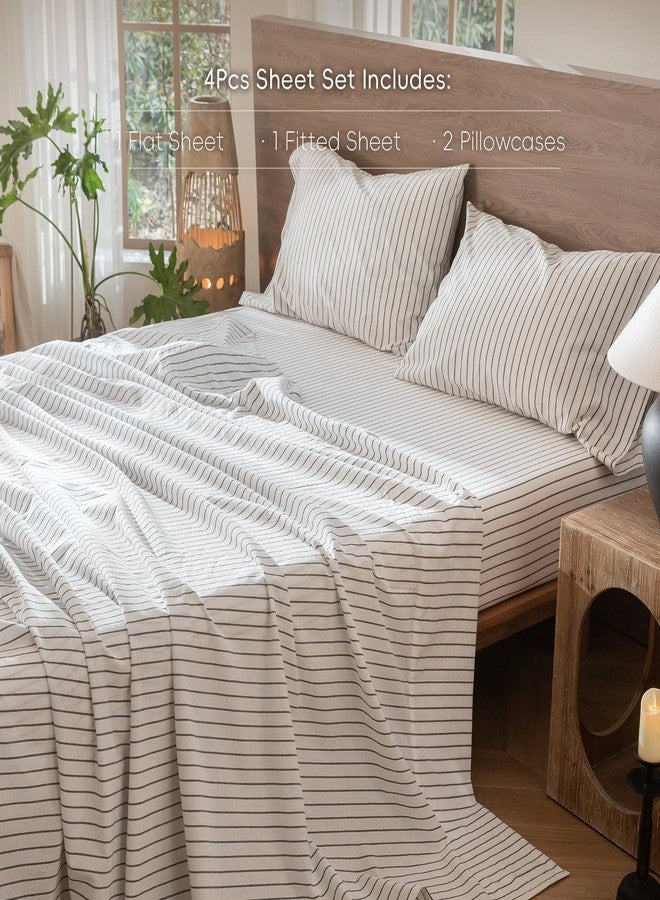 MooMee Striped Sheet Set 100% Washed Cotton Linen Like Textured Breathable Durable Soft Comfy (White Dark Grey Wide Stripes, Full) - Image 2