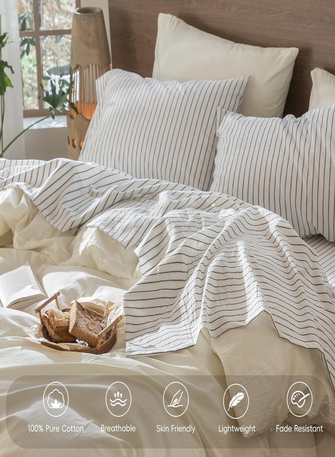 MooMee Striped Sheet Set 100% Washed Cotton Linen Like Textured Breathable Durable Soft Comfy (White Dark Grey Wide Stripes, Full) - Image 4