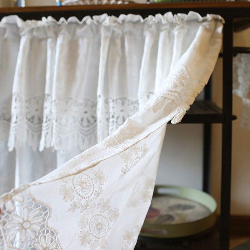vctops Bohemian Floral Embroidered Cotton Cafe Tier Curtain with Attached Valance Country Style Lace Half Window Curtain Kitchen Curtains (39"x49",White) - Image 3