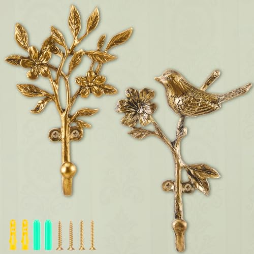 BrightRow 2 Pack Vintage Flower and Bird Hooks for Wall Decorative Coat Hooks Heavy Duty Farmhouse Wall Mounted Cast Iron Rack Hangers for Hanging Clothes Coats Towels Keys Hats55 to 59 Inch - Image 1