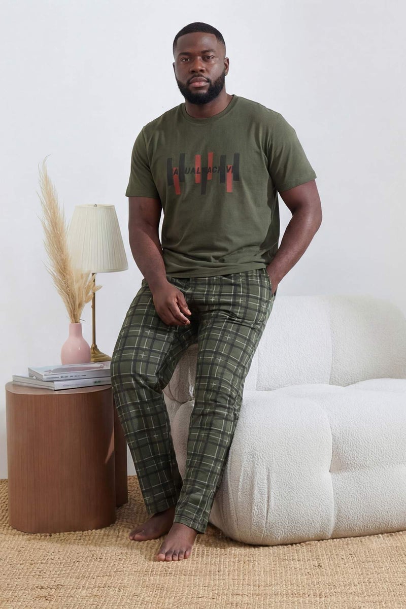 trendyol Green Big Size Regular/Normal Fit Printed Bottom Plaid Pattern Pajamas Set Tmnss26Ai00011 - Image 1
